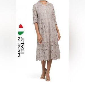 Laura Bianchi Italian Eyelet Cotton Long-Sleeve Shirt Midi Dress Taupe Sz Small
